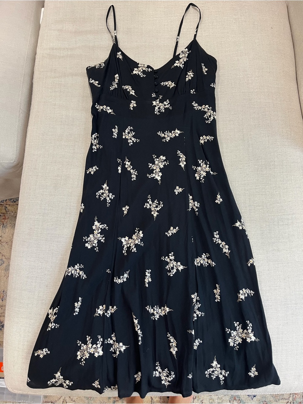 Black Floral Midi Slip Dress with Slit